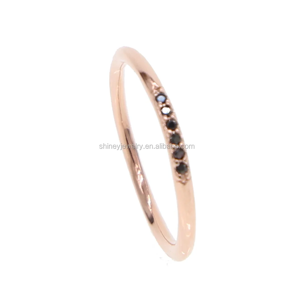 

simple rose gold pave black cubic zirconia round thin band simple girl finger ring