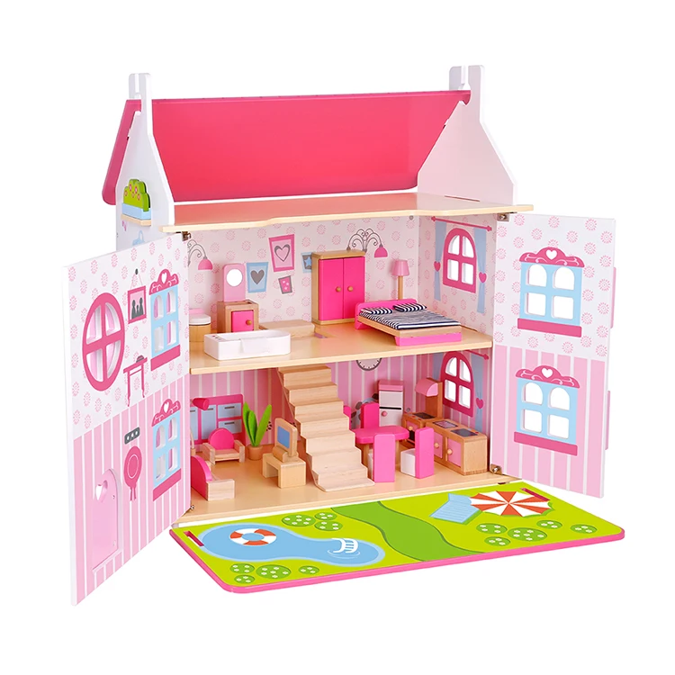 Lovely Design Pink Kids Diy Furniture Set Toy Wooden Dollhouse