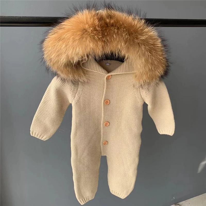 

Fashion Cute Baby Clothes Romper Boy Girls / Huge Real Raccoon Fur Collar Cotton Blend Baby Romper / Warm Kids Romper Baby