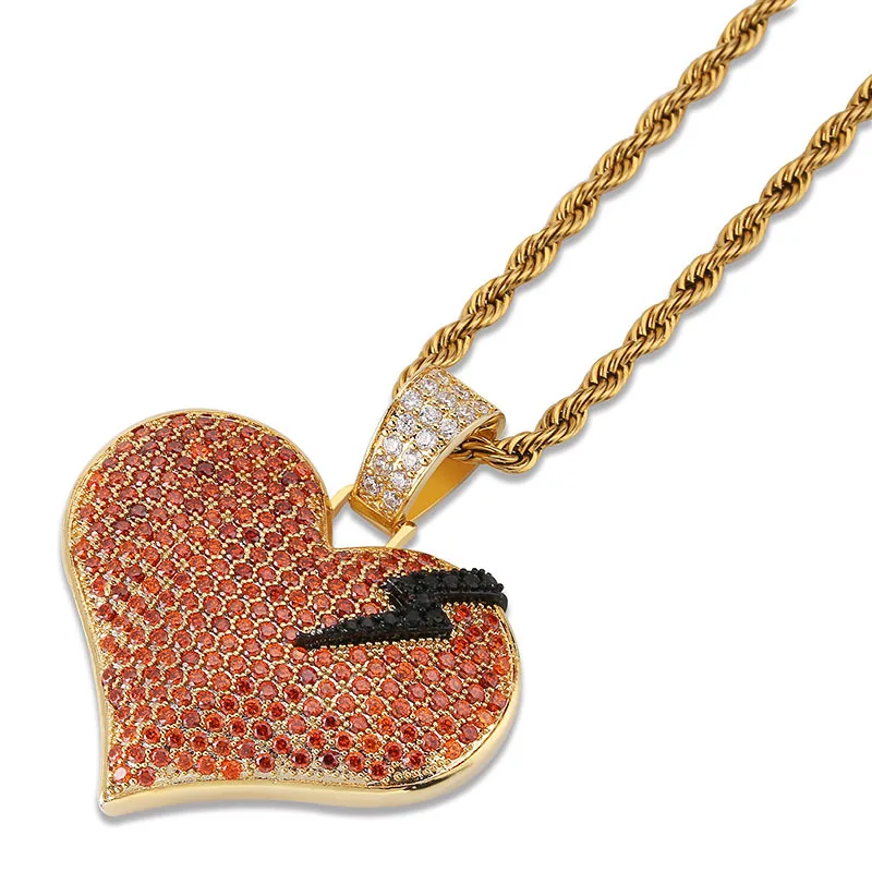 

Red Broken Heart With Lightning iced out Gold Pendant Necklace Iced Out Drop Shipping Charm Hip Hop Jewelry