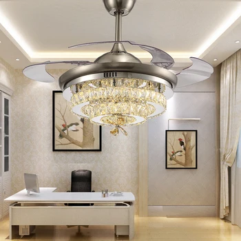 48inch modern crystal ceiling fan indoor with lights remote control Dining room living room ceiling fan lights led european modern simple