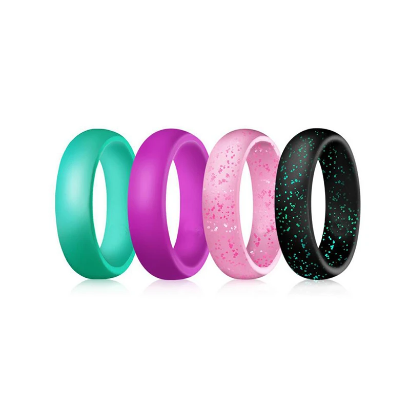 

Flexible Rubber Band Silicone Ring Design for Women Man 4pcs per Set 5.7mm Wide Silicon Glitter Wedding Band Ring, 4color rings for a set