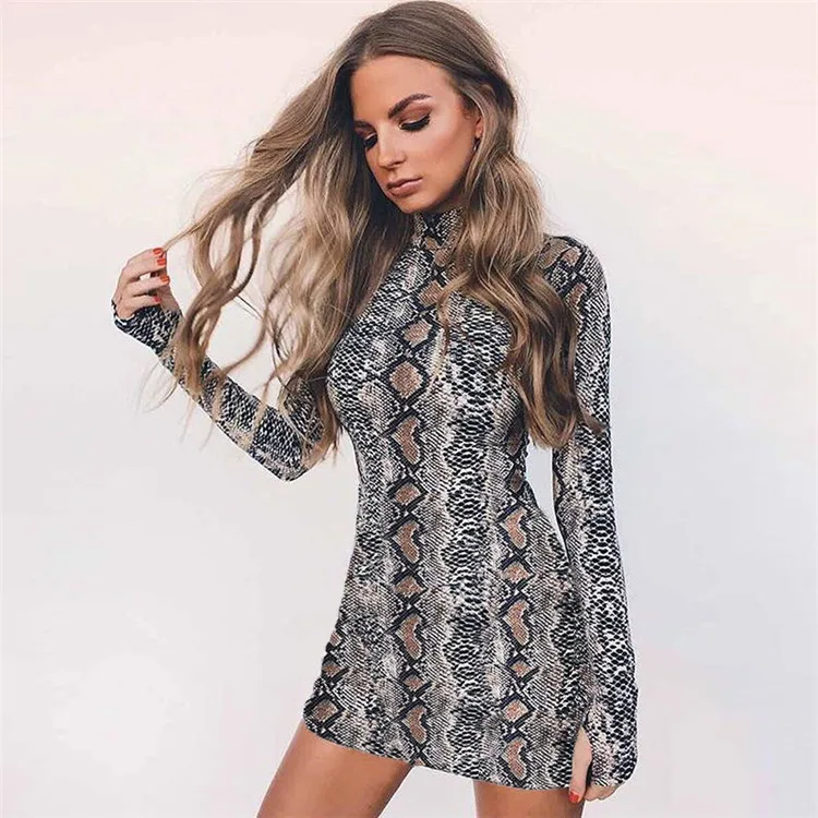 

D2755 Latest Women High Neck Bodycon Snake Print Dress, Same as photo