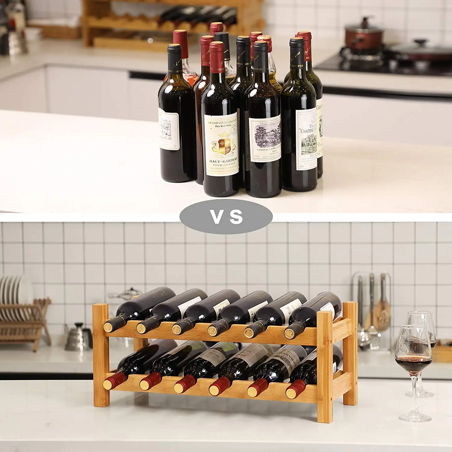 12 Bottle Wine Display Rack 100 Natural Bamboo 2 Tier Free Standing