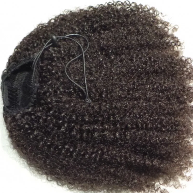 Women human  ponytail hair  extension clip in Natural brown kinky curly drawstring ponytail 140g