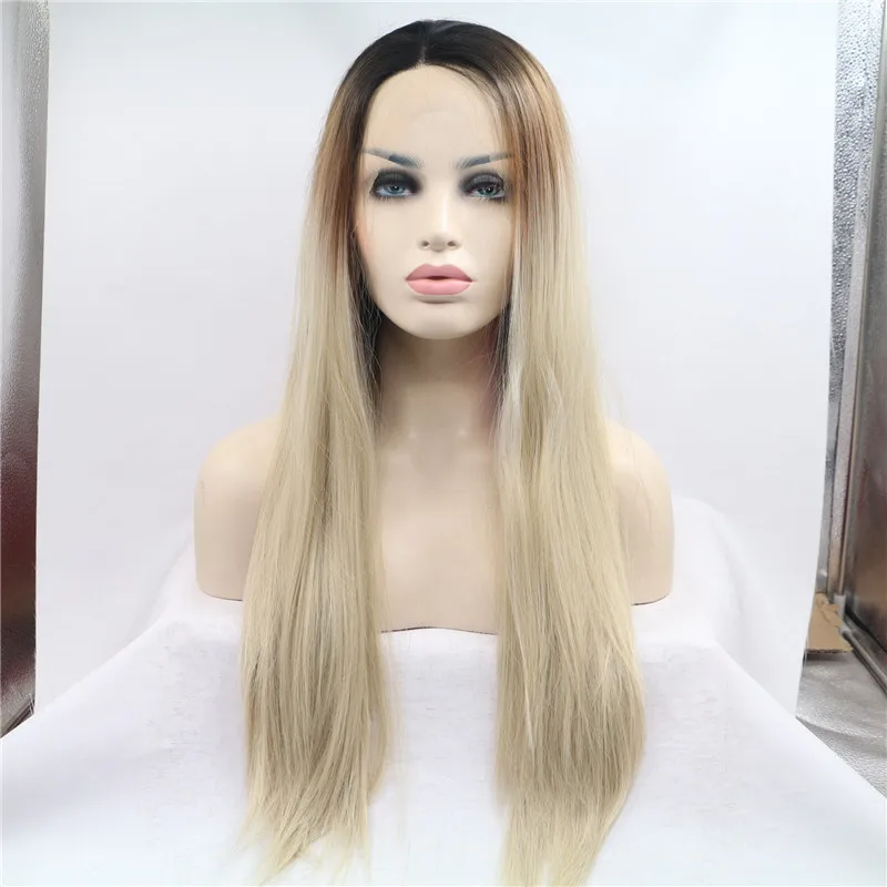 

High Temperature Fiber Peruca Long Straight Synthetic Hair Wig Brown Ombre Ash Blonde Swiss Lace Front Wigs for Cosplay