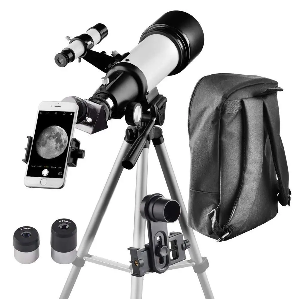 

Astronomical Telescope for Kids and Beginners Travel Scope 70mm Apeture 400mm AZ Mount telescope with tripod, Silver, white