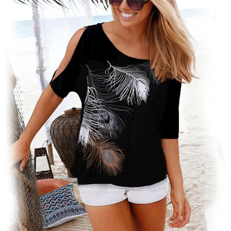 

Ecowalson Women's Summer 2019 Casual Blouse Short Sleeve Tops Tees Off Shoulder Feather Print T-Shirt Loose Plus Size Shirts