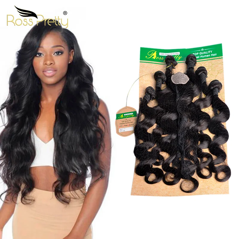 

Ross Pretty Unprocessed Virgin Human Hair Hair Bundle Set with Closure Body Wave Hair Weave with 4x4 Closure