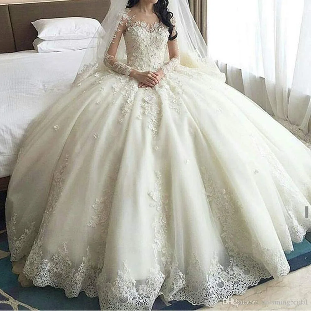 

2019 New Luxury Wedding Bridal Dresses Long Sleeves Muslim Pure White Wedding Gowns Fully Lace Long Tail Ball Gown Wedding Dress, Ivory, pure white