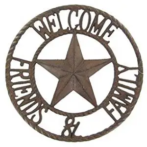 "ABC Products" - Heavy Cast Iron ~ Circular Welcome Sign - With A Star In The Center - With The Word "Welcome" At The Top - "Family And Friends" At The Bottom - Old Country Design - Wall Hanging Sign - Indoor or Outdoor Use (Bronze Rustic Finish)