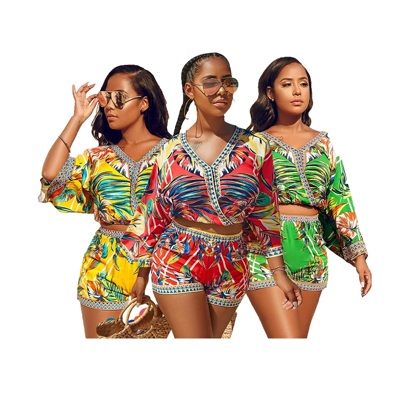 

Women's Bohemian short sleeve v-neck print two-piece set