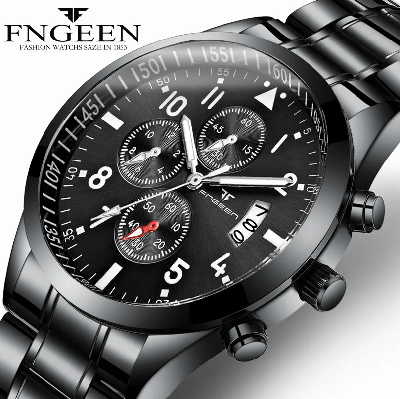 

Fngeen Stainless Steel Automatic Multi Function Waterproof Sport Quartz Big Dial Wrist Time Watch For Men, As the picture