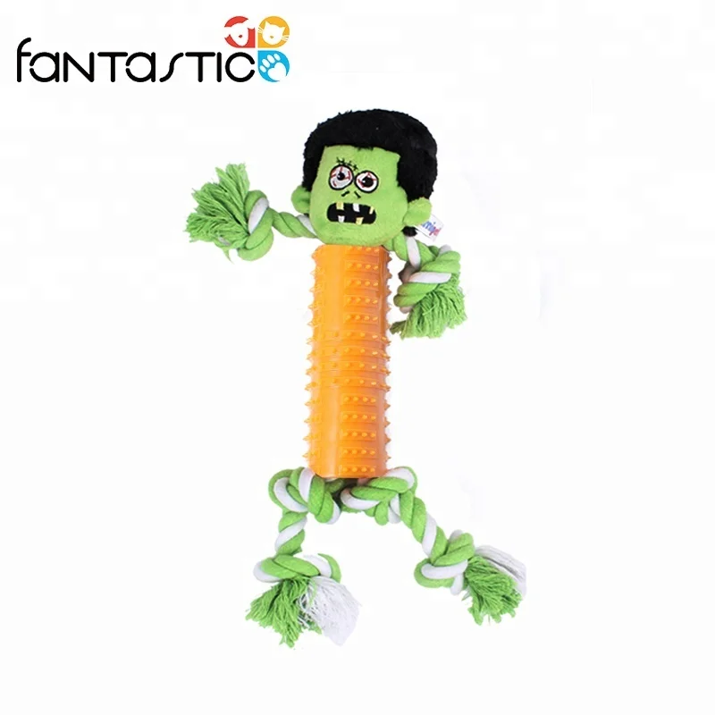 

Wholesale Halloween monster Interactive Squeaky Plush Dog toy with Rope, Green;orange;white