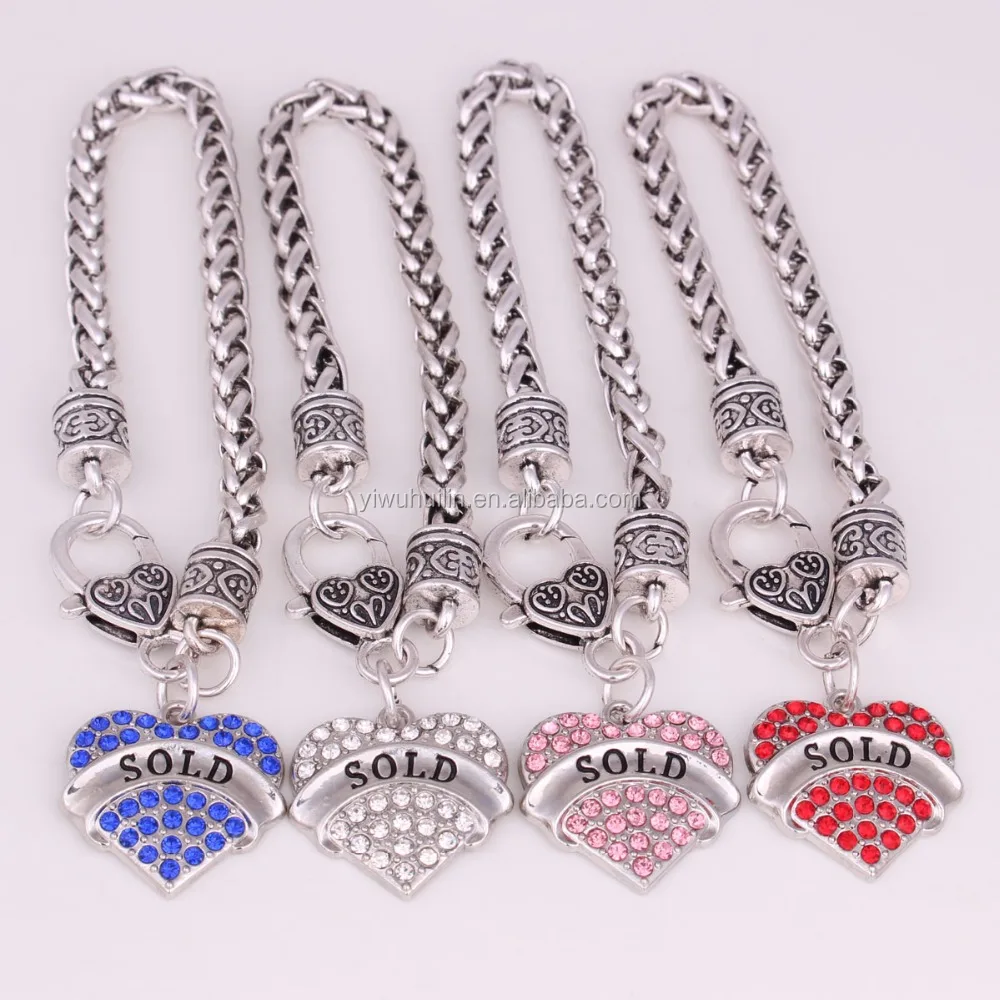 

BH07 Fashion Jewelry Wheat Chain Bracelet engraved letter SOLD Rhinestone Heart shape Charm Custom Made Bracelet