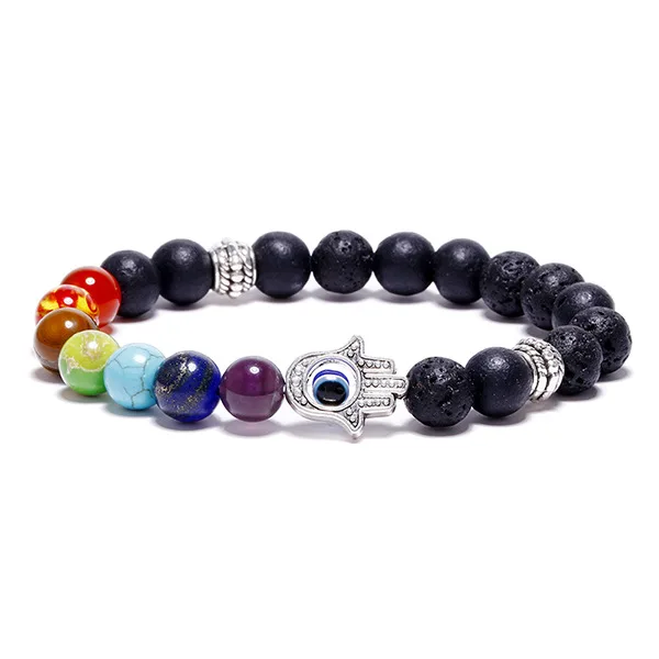 

7 Chakra Stone Bracelet Lava Stone Crystal Reiki Healing Balancing Round Beads - Hamsa hand, N/a