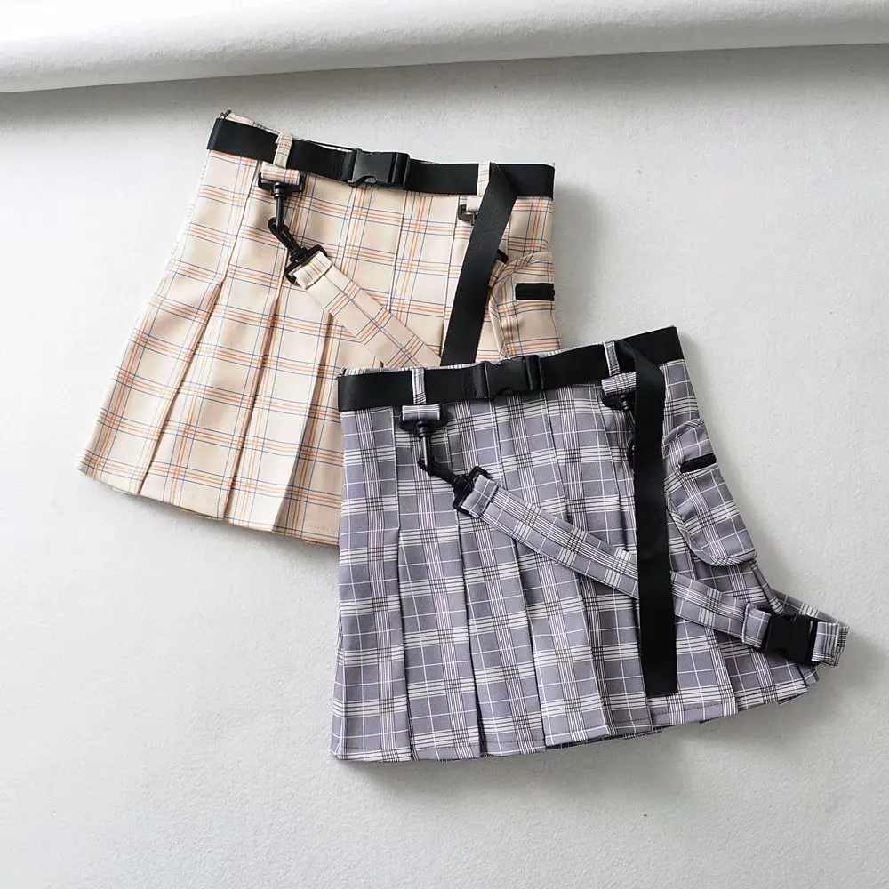 

Z33440A Fashion women's plaid A-line pleated skirt, Pink;gray
