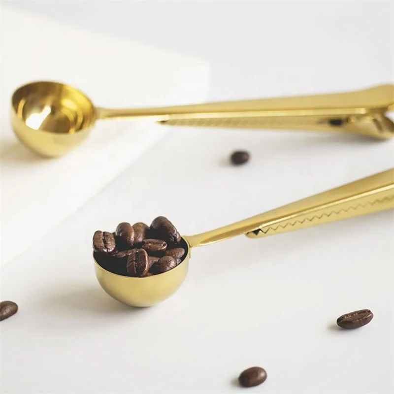 

YiJia 2 in 1 stainless steel gold powder coffee spoon with bag clip