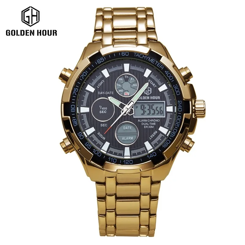 

Luxury gold fashion golden hour sport men watch LED dual display quartz waterproof relogio masculino Military Sports Watch