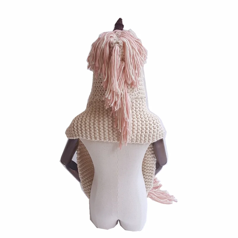 
2018 Cartoon Cute Unicorn Scarf Shawl Tassel Hats Acrylic Kids Knitted Unicorn Hood Hat with Pockets 