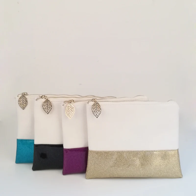 

Wholesale Blanks Canvas Clutch Leather Make Up Bag Glitter Hand Purse cosmetic bag, Customized color