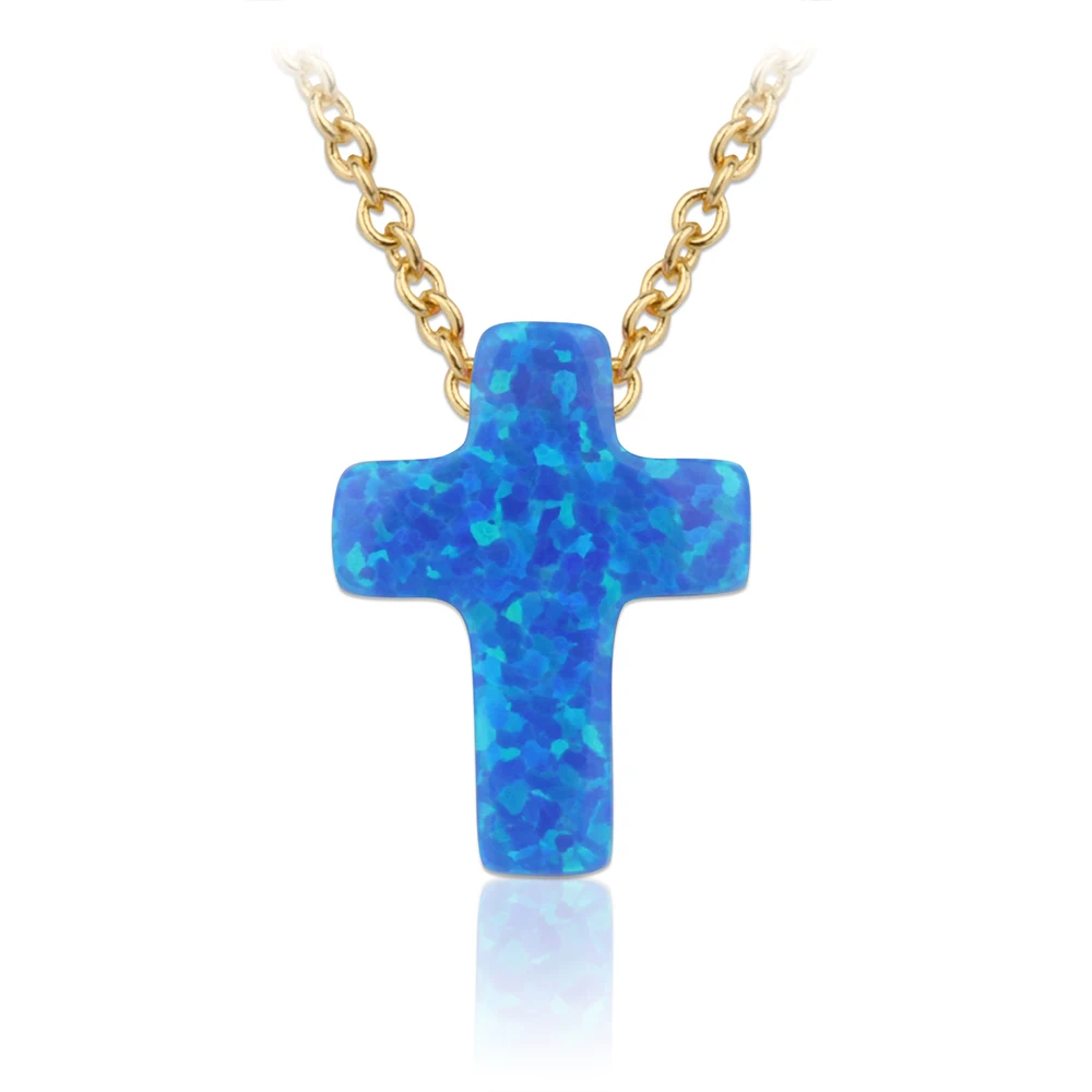 

925 Sterling Silver Chain OP05 Blue Color 9x12mm Cross Synthetic Opal Necklace