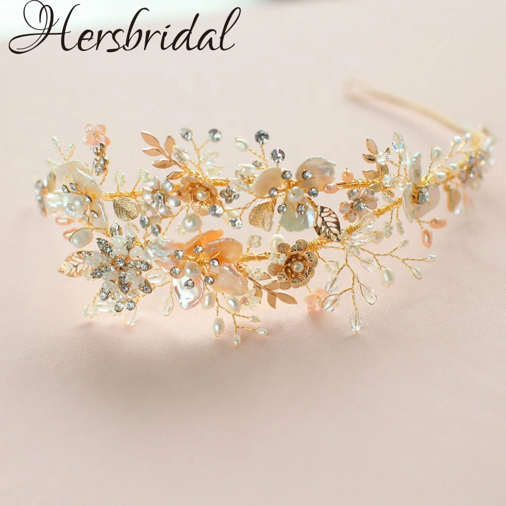 

Fresh Water Pearls And Crystal Wedding Tiara Double Band Flower Bridal Headband Headband Beaded Bridal Hair Accessories, Silver.gold. as your requests