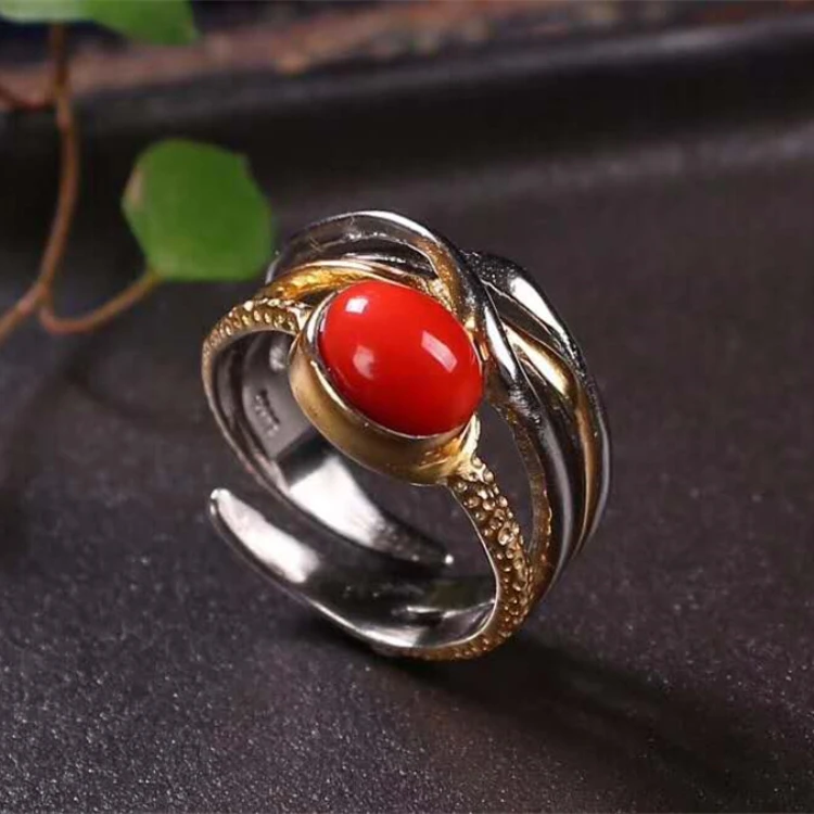 

18k gold plating 925 sterling silver natural red coral ring for women simple ring gemstone jewelry