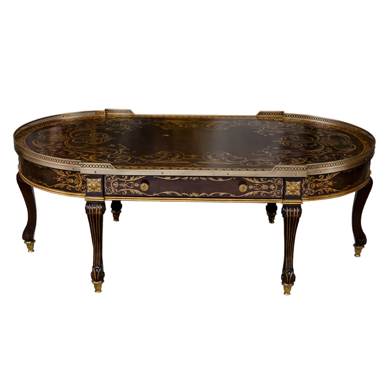 Hand Painting Round Coffee Table With Glass Exquisite Wood Carved Side Table Classical Style Living Room End Table