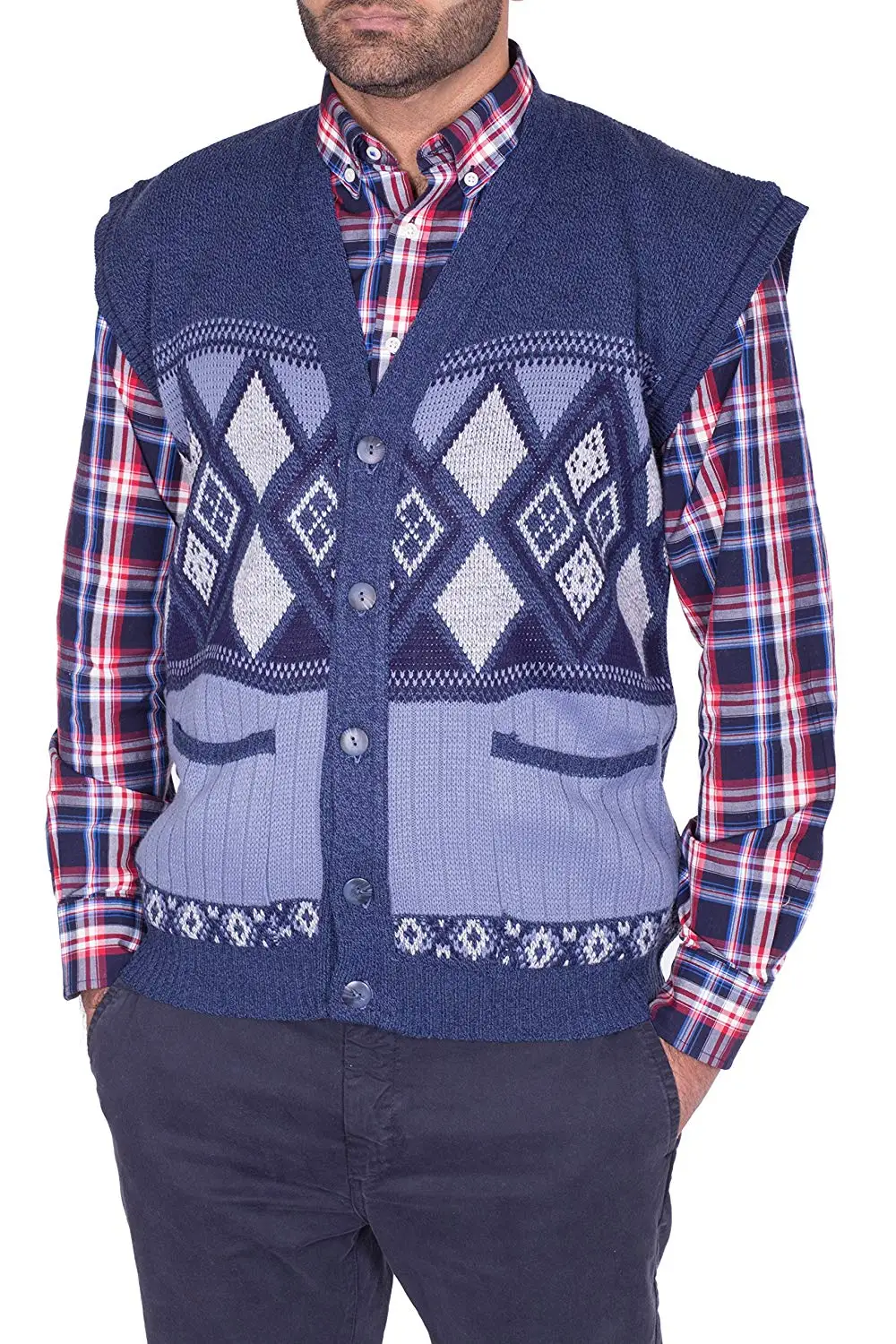Mens Classic Long Sleeve Button Up Cardigan Argyle Diamond Aztec Print Top
