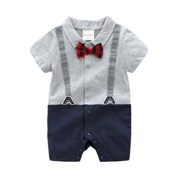 

wholesale summer gentleman knitted soft 100% cotton baby boy toddler newborn baby rompers clothes, Grey+black