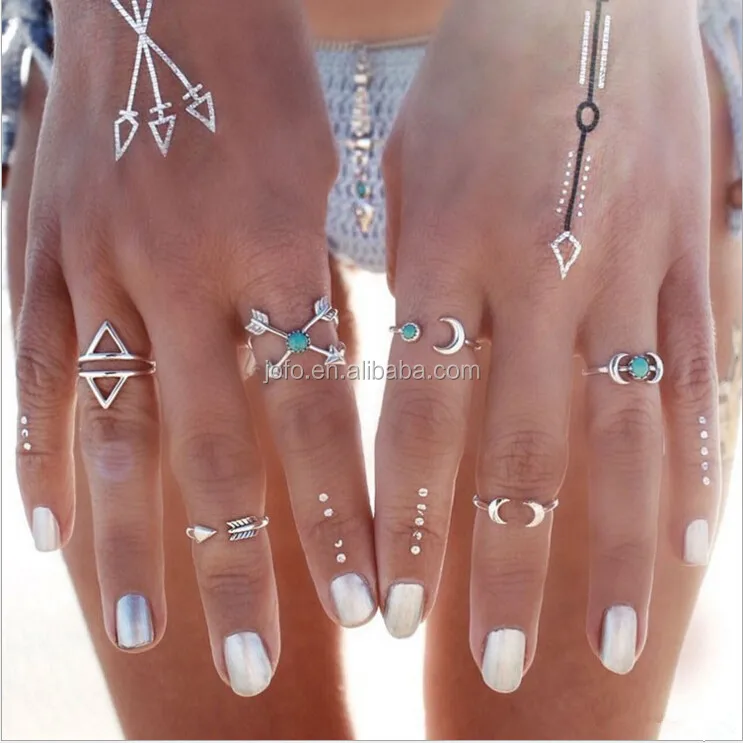 

6PCS Vintage Turkish Beach Punk Moon Arrow Ring Set Ethnic Carved Silver Plated Boho Midi Finger Ring Knuckle Charm Anelli