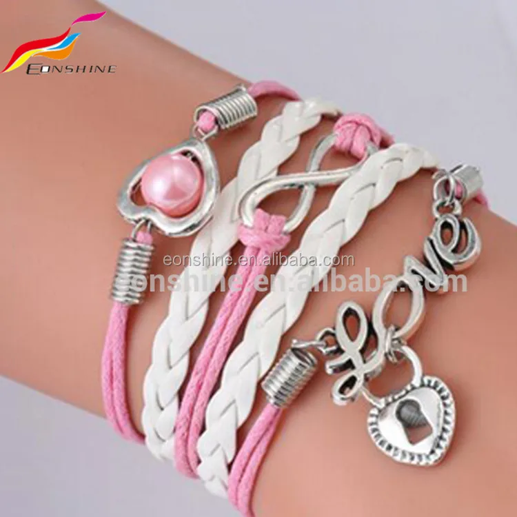 

Handmade Pearl Love Heart Infinity Symbol Leather Bracelets For Women, Various colors available