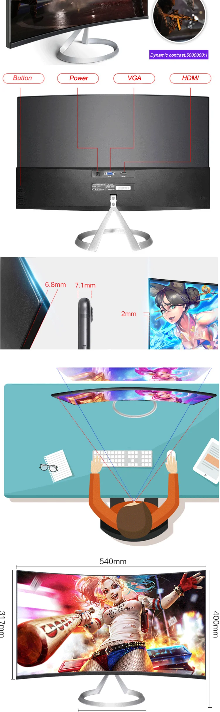 Desktop Curved 24 inch LED Computer Monitor for Office Home