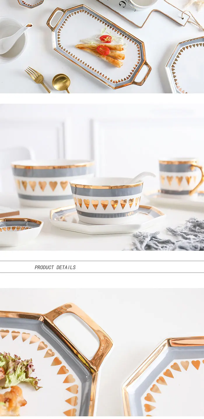 High-end Western style gold rim octagonal porcelain tableware set dinnerware dishes plates