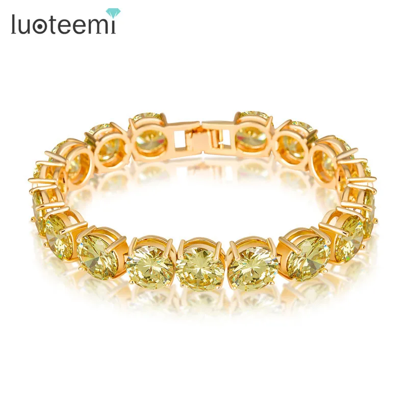 

LUOTEEMI Wholesale 18K Champagne Gold Plated Luxury 10MM Olive Green Round CZ Tennis New Design Dubai Zircon Bracelets, N/a