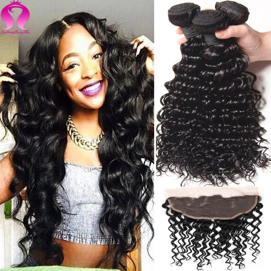 Bundles With Closure Brazilian Virgin Hair Deep Wave With Frontal Ear To Ear 4pcs Lot Tissage