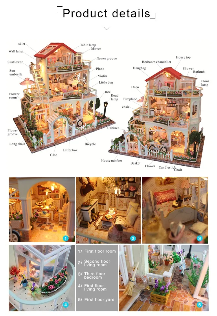 Hongda Brand Miniature Doll House Furniture Set Diy Three Floor Wooden