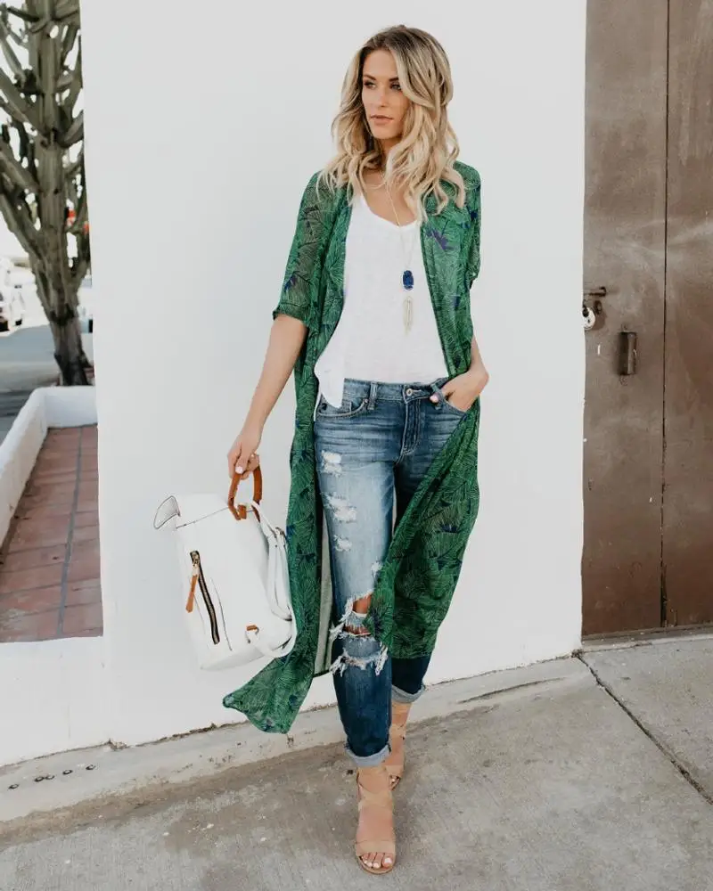 

casual half sleeve printed green summer chiffon women long kimono cardigan beach cover up, N/a