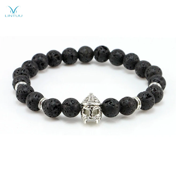 

Roman Warrior Gladiator Helmet Bracelet Men Black Lava Rock Stone Bead Bracelets