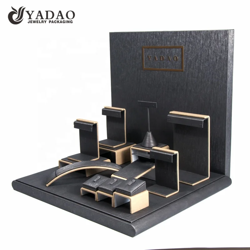 

Luxury velvet metal wood leather jewelry packaging display necklace trays stand holder set showcase cabinet, Customized color