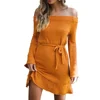 Winter Bodycon Wool One Piece Dress Women/Off The Shoulder Sweater Crochet Dress For Evening Party