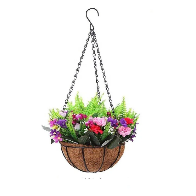 

Home Garden Balcony Decoration Hanging Flower Pot Metal Small Black Hanging Basket Planter with Chain Flower Plant Pot, As picture shown or customized