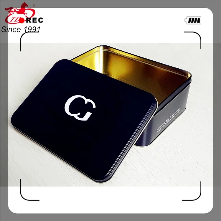 
black glossy box package metal tin box with stamp logos 