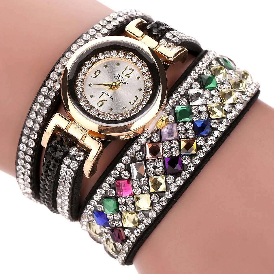 

Duoya New Brand Leather Quartzwatch Women Fashion Jewelry Waterproof Rhinestone Bracelet Watch Multicolor Wrist Watch Women, Black;white;blue;sky blue