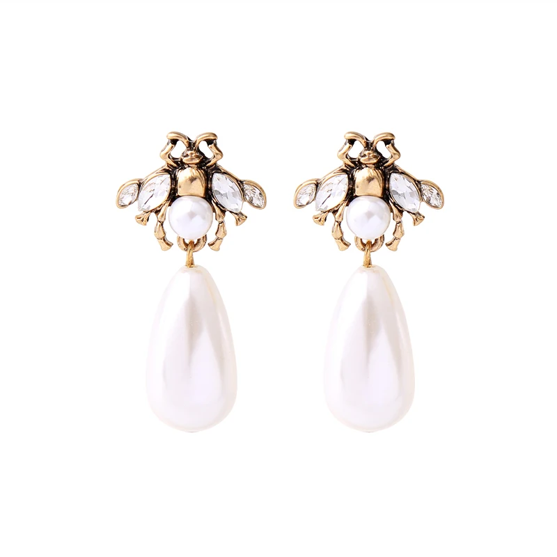 

ed01480b Simple Vintage Diamond Studded Bee Insect Pearl Long Earring 2021, As pictures