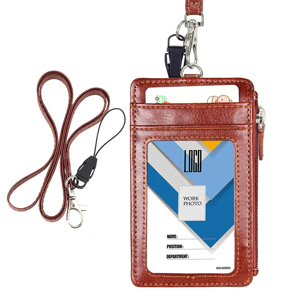 

Custom Badge Holder with Zip Leather Lanyards ID Badge Holder, Oem
