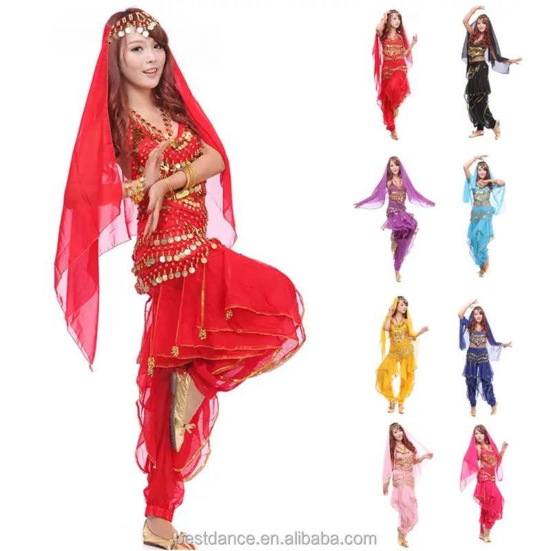 

Free shipping Belly Dancer Costume Sets Top Chili Coins & Tribal Gold Wavy Harem Pants & Belts with Coins 8 Colors