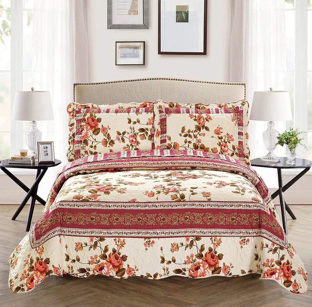 Mk Collection 5pc Day Bed Reversible Quilted Cover Set Floral Beige Pink Green New Mk Home