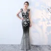 Luxury Evening Dresses Deep V-neck Mermaid Bling Flower Silver And Black Fabric Woman Wear Dress
